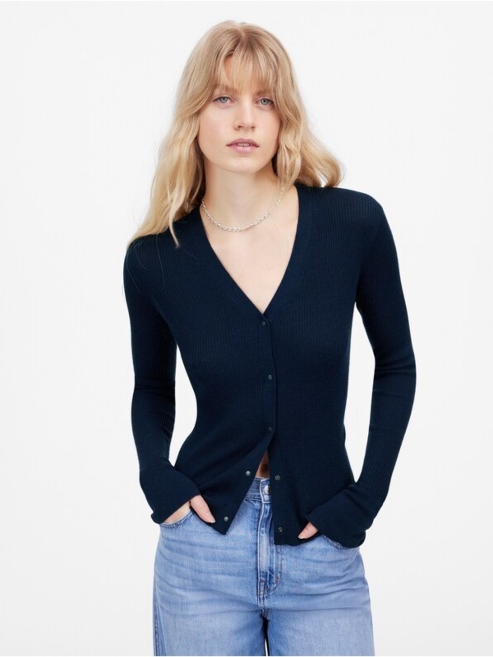 Madewell Merino Wool-Silk Blend Cardigan Sweater Deep Navy Blue Lightweight Top